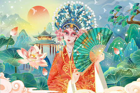 中国风国潮山水国粹京剧花旦美女唯美风景海报插画背景图片