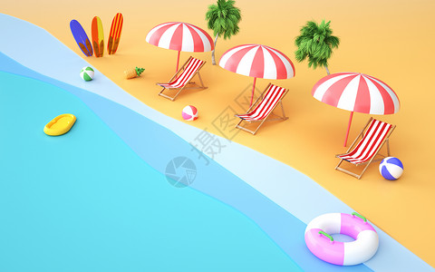 出行雨伞c4d卡通夏季海滩场景背景设计图片