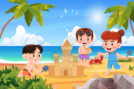 女孩在沙滩上玩二十四节气小暑夏天小朋友在沙滩椰树下游玩堆沙子插画