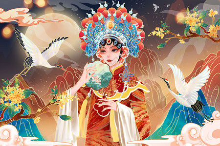 国潮京剧国粹青衣花旦美女中国风插画高清图片