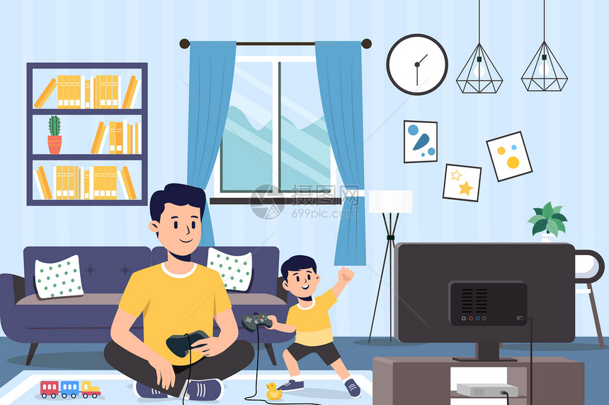 父亲节爸爸和儿子在家玩游戏机图片