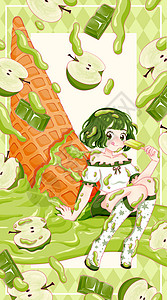 抹茶冰淇淋海报夏日青苹果抹茶巧克力冰淇淋女孩系列开屏插画插画