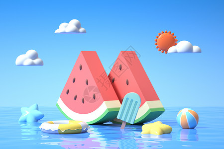 可爱草莓插画夏季水面西瓜背景设计图片