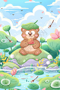 三伏天促销海报小暑节气小熊吃西瓜清新卡通插画插画