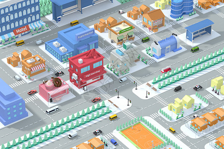 3d城市建筑C4D小清晰城市商业街建筑生活场景插画