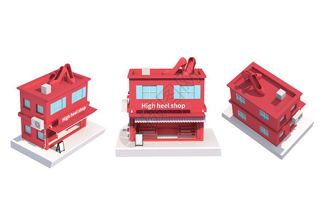 生活店铺C4D深红色高贵女性高跟鞋店铺3d渲染元素插画