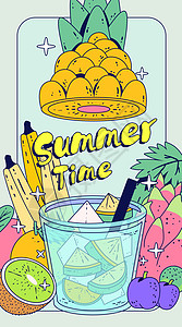 扁平画食物夏季二十四节气立夏小暑大暑饮料扁平线描风竖版插画插画