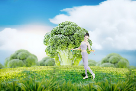 创意花椰菜美女健身减肥健康生活背景图片