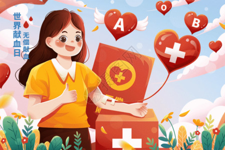 关爱健康展板世界献血日之无偿献血女孩献爱心插画GIF高清图片