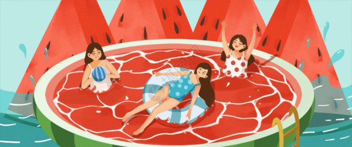 三个人坐在书上夏日西瓜游泳扁平风插画GIF高清图片