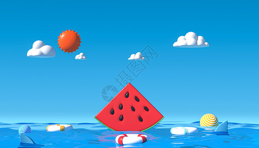 草莓游泳圈C4D清新夏日场景设计图片