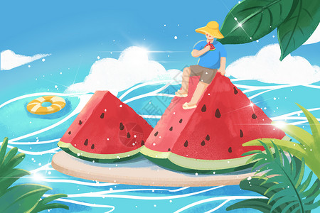 夏天吃西瓜人夏季水上吃西瓜的人插画