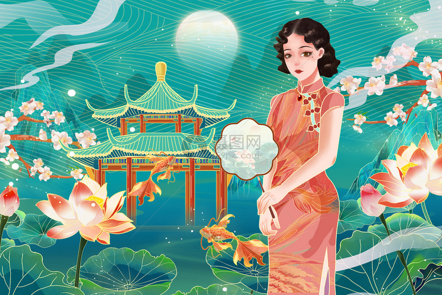 国潮中国风古风旗袍美女唯美山水建筑风景海报插画图片