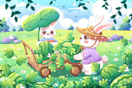 夏季节气海报二十四节气小暑兔子摘西瓜清新卡通插画插画