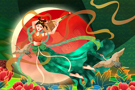 中国风仙女背景图国潮中国风飞天仙女背景设计图片