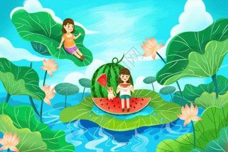 女孩和荷花夏至之女孩吃西瓜游玩欣赏景观插画gif动图高清图片