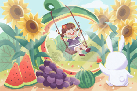 可爱夏季水果夏天快乐玩耍的可爱女孩gif动图高清图片