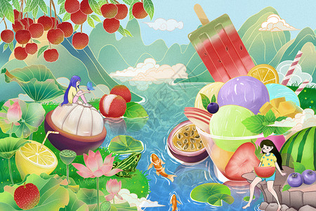 创意水果拼盘二十四节气夏至各类水果冰饮插画插画