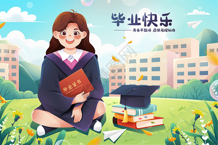 清新毕业季学士服女孩坐草地上插画图片