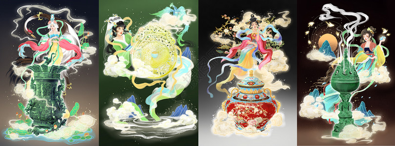 中国风古风美人古董拟人节气插画图片