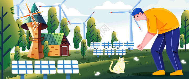低碳环保卡通字新能源节能卡通插画banner插画