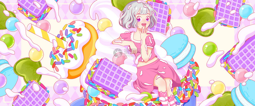 夏日马卡龙饼干冰淇淋女孩系列插画banner图片