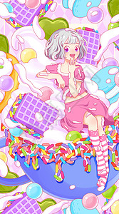 蔓越莓饼干海报夏日马卡龙饼干冰淇淋女孩系列宽屏插画插画
