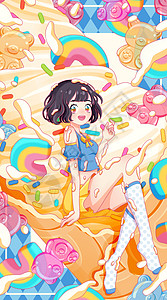 夏日橡皮糖棉花糖冰淇淋女孩系列开屏插画插画
