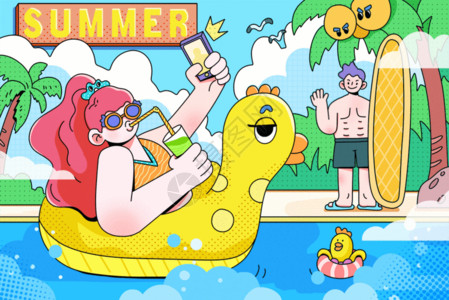 卡通美人鱼贝壳夏天一边喝饮品一边游泳扁平GIF高清图片