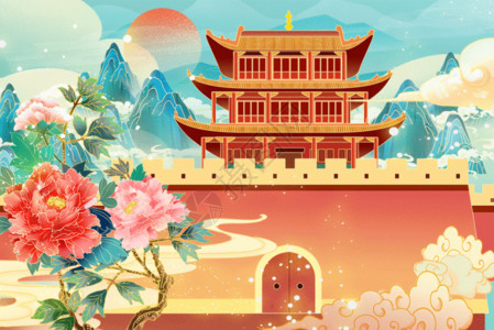 中国风建筑元素国潮中国风嘉峪关山水建筑唯美风景GIF高清图片