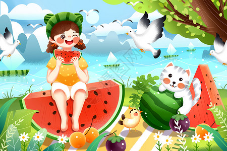 李子水果二十四节气夏日时节清凉海边女生吃西瓜插画插画