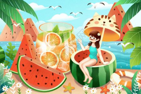 西瓜冰镇饮料休闲夏日沙滩冰镇果汁西瓜与游泳女生插画GIF高清图片