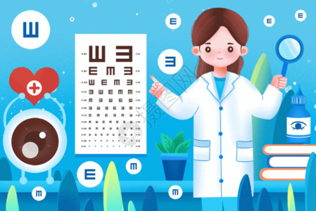 中药专题健康医疗保护眼睛测量视力的医生插画GIF高清图片