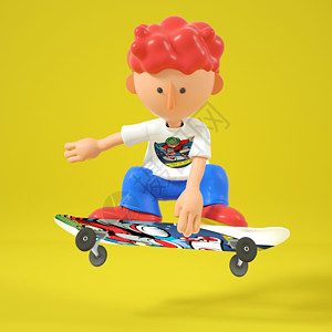 玩轮滑C4DQ版滑板男孩带板跳起单手抓板动作3D元素插画