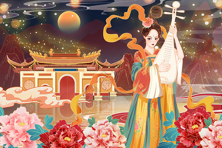 唯美牡丹花国潮中国风古风美女汉服琵琶唯美山水建筑风景插画插画