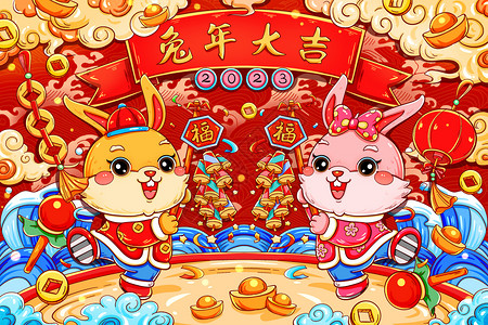 国潮新年春节兔年情侣兔贺岁插画跨年高清图片素材