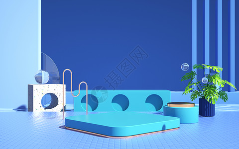 夏季家具新品3d夏天蓝色展台背景设计图片