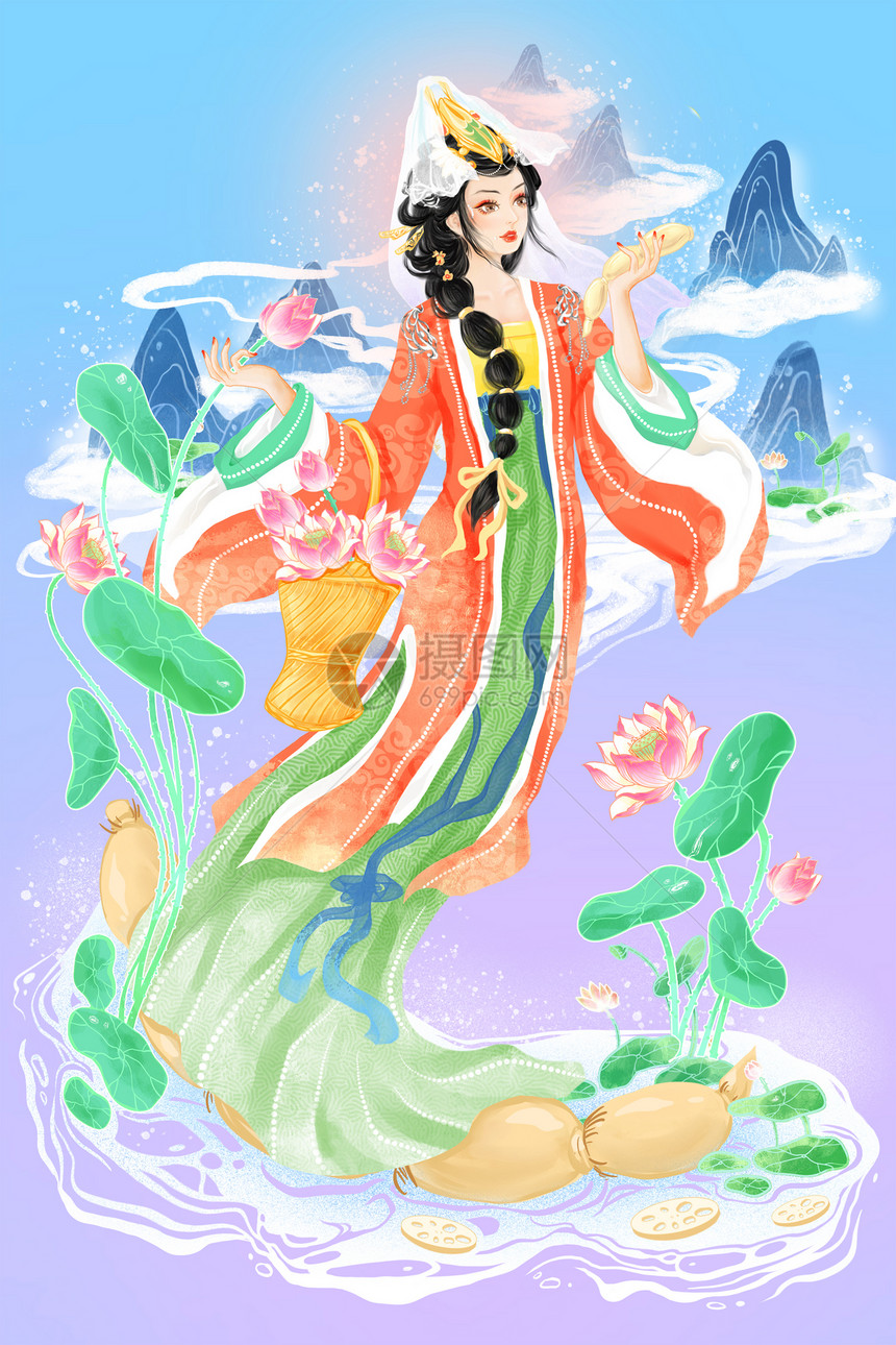 中国风古风美人二十四节气大暑拟人场景插画图片