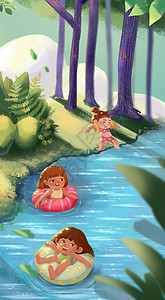 二十四节气节日小暑夏天戏水避暑游泳玩水可爱儿童插画高清图片