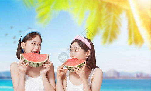 吃西瓜的女孩清凉夏日设计图片