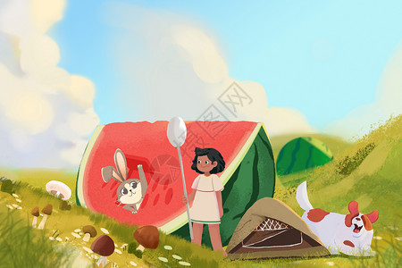 夏季西瓜兔子避暑夏日入伏儿童插画高清图片