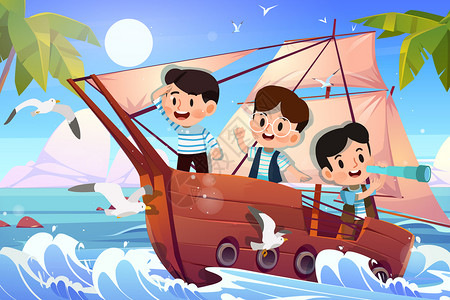 帆船起航中国航海日孩子们乘坐帆船在海中激流航行插画