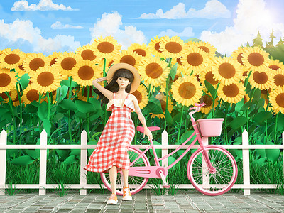 果绿裙子女孩夏日向日葵女孩设计图片