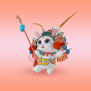 国潮京剧兔子舞枪模型3d立体背景图片