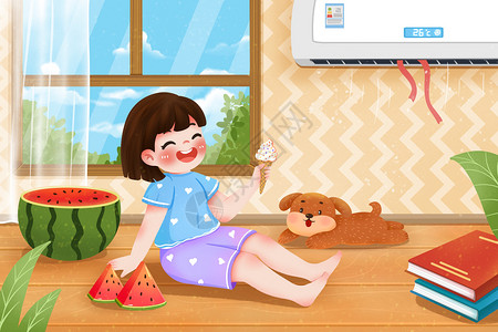 空调节能在空调屋里吃冰激凌的女孩插画