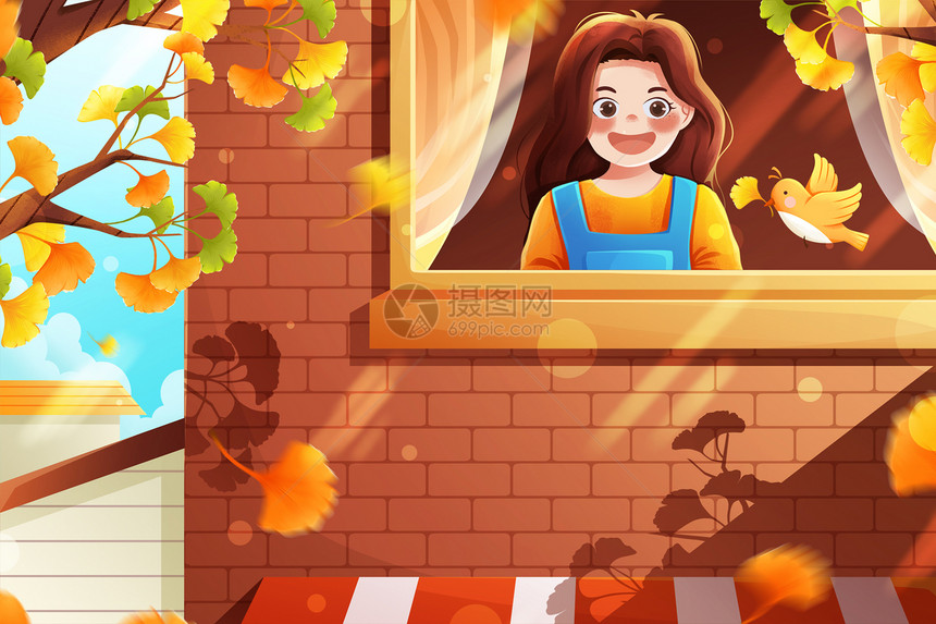 清新二十四节气立秋一叶知秋银杏树枝女孩与鸟秋季插画图片