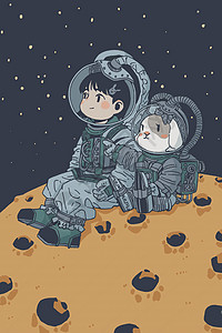 展望未来穿着宇航服和兔子一起去往兔星插画