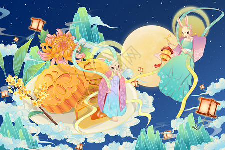 中秋节玉兔和月饼国潮手绘插画图片