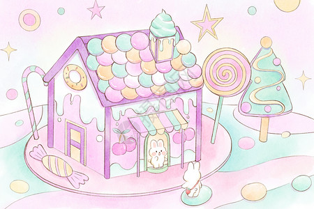 兔子童话糖果屋水彩风可爱治愈横版插画背景图片