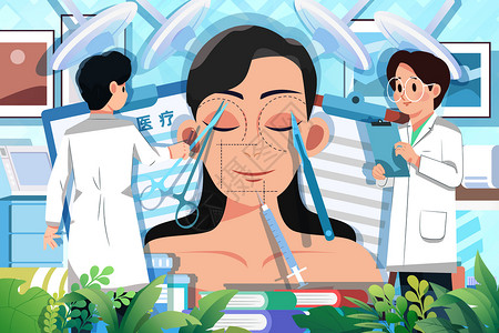 美容眼部医疗插画医生为女生做美容医疗手术准备插画